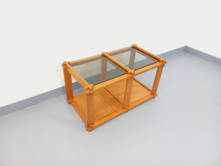 Vintage rectangular coffee table in pine and smoked glass from the 70s and 80s