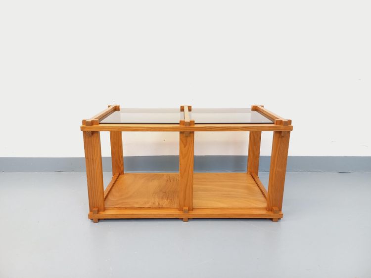 Vintage rectangular coffee table in pine and smoked glass from the 70s and 80s