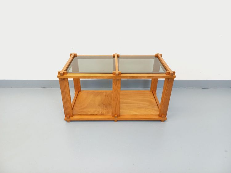 Vintage rectangular coffee table in pine and smoked glass from the 70s and 80s