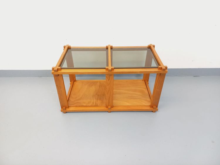 Vintage rectangular coffee table in pine and smoked glass from the 70s and 80s