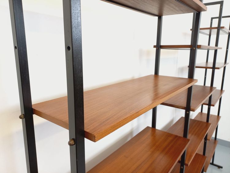 Vintage Italian triple modular teak and metal bookcase