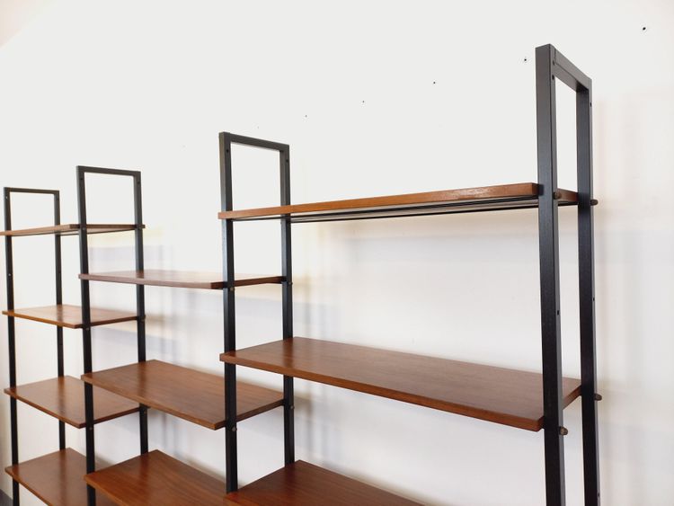 Vintage Italian triple modular teak and metal bookcase