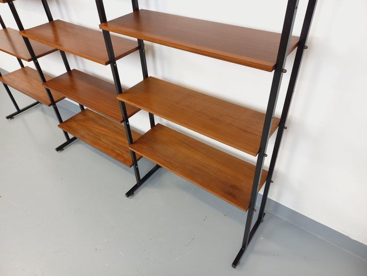 Vintage Italian triple modular teak and metal bookcase