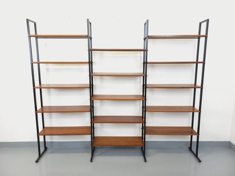 Vintage Italian triple modular teak and metal bookcase
