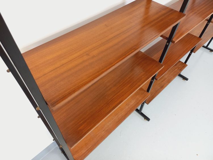 Vintage Italian triple modular teak and metal bookcase
