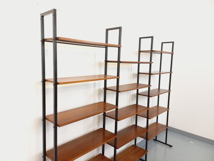 Vintage Italian triple modular teak and metal bookcase