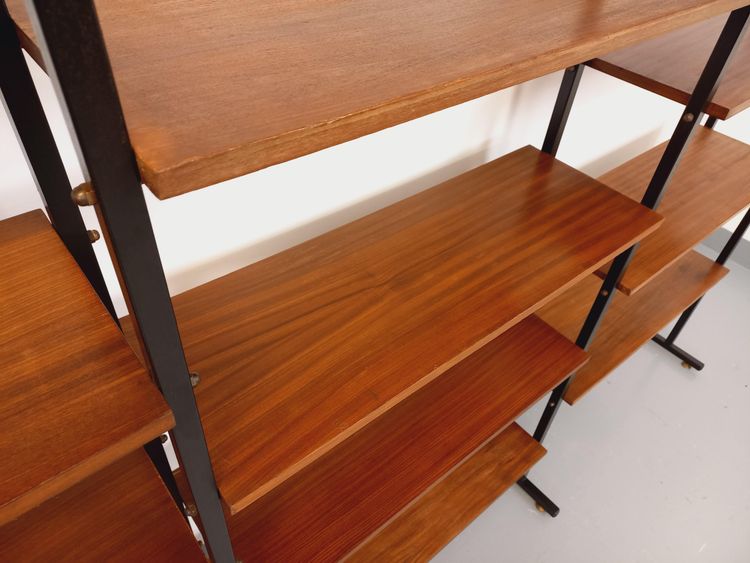 Vintage Italian triple modular teak and metal bookcase