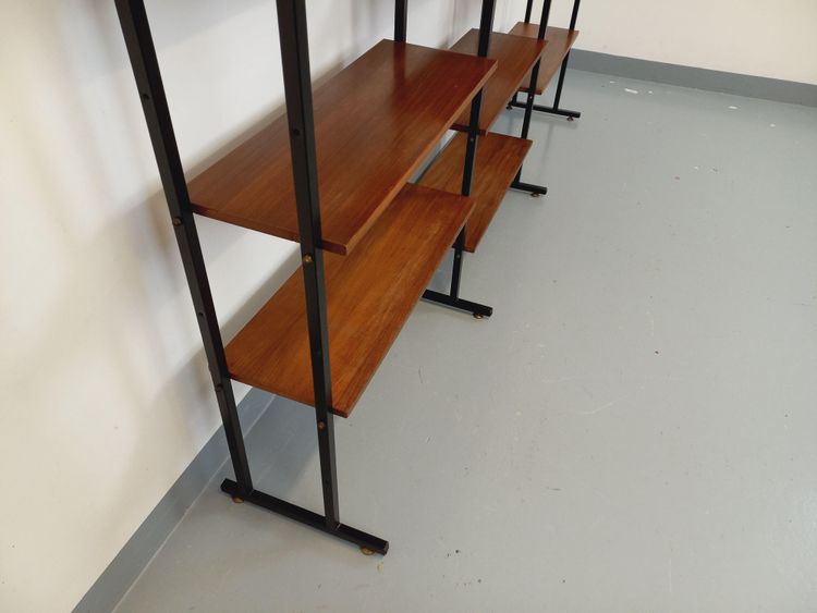 Vintage Italian triple modular teak and metal bookcase
