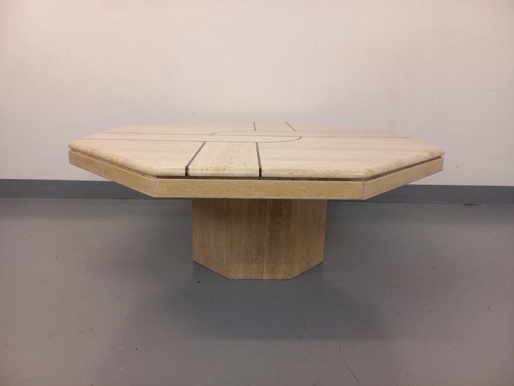 Vintage octagonal travertine coffee table with a geometric pattern from the 1970s
