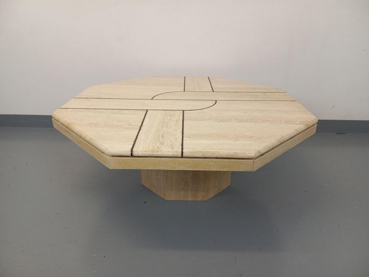 Vintage octagonal travertine coffee table with a geometric pattern from the 1970s
