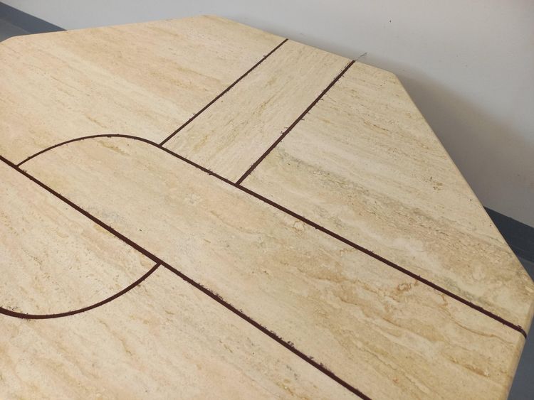Vintage octagonal travertine coffee table with a geometric pattern from the 1970s