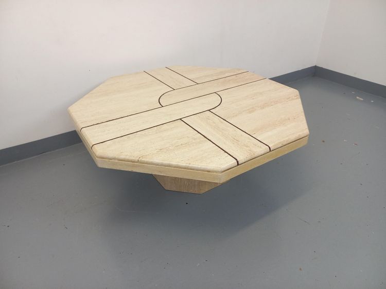 Vintage octagonal travertine coffee table with a geometric pattern from the 1970s