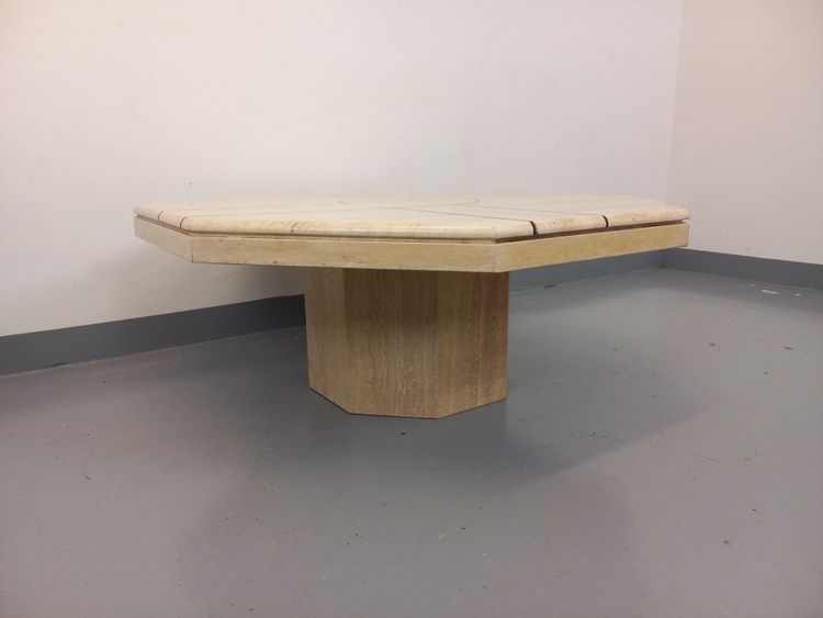 Vintage octagonal travertine coffee table with a geometric pattern from the 1970s