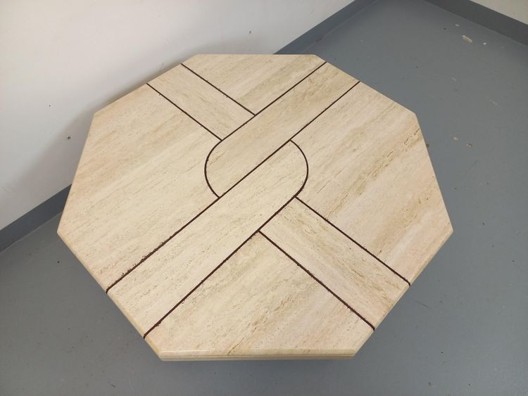 Vintage octagonal travertine coffee table with a geometric pattern from the 1970s
