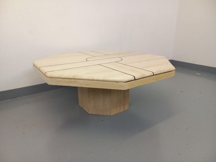 Vintage octagonal travertine coffee table with a geometric pattern from the 1970s
