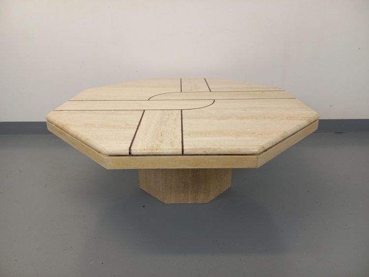 Vintage octagonal travertine coffee table with a geometric pattern from the 1970s