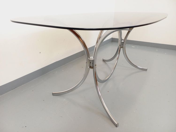 Vintage oval or rectangular rounded dining table in smoked glass and metal