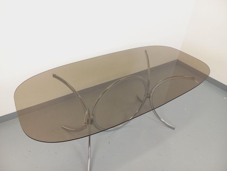 Vintage oval or rectangular rounded dining table in smoked glass and metal