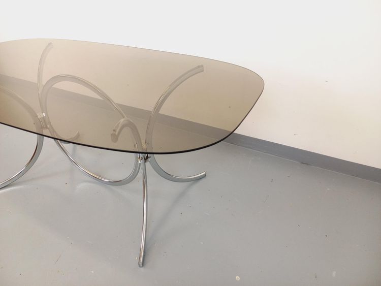 Vintage oval or rectangular rounded dining table in smoked glass and metal