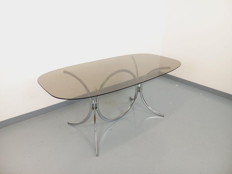 Vintage oval or rectangular rounded dining table in smoked glass and metal