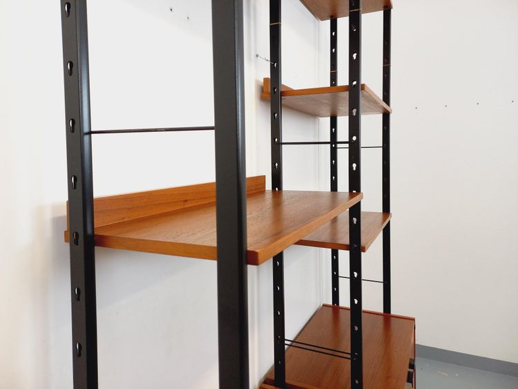 Vintage Italian double modular teak and metal bookcase