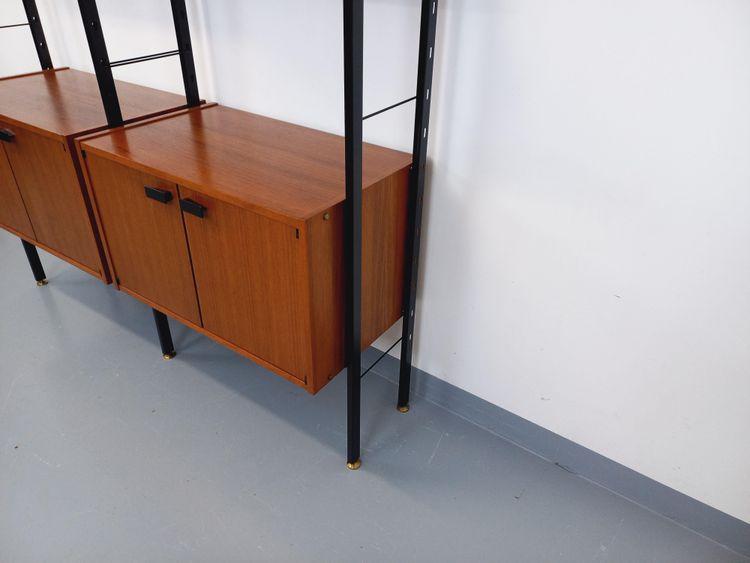 Vintage Italian double modular teak and metal bookcase
