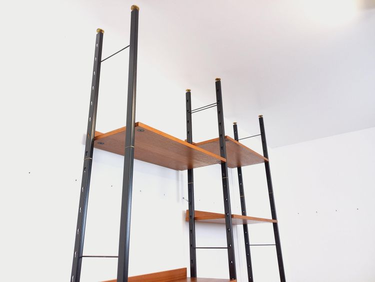 Vintage Italian double modular teak and metal bookcase