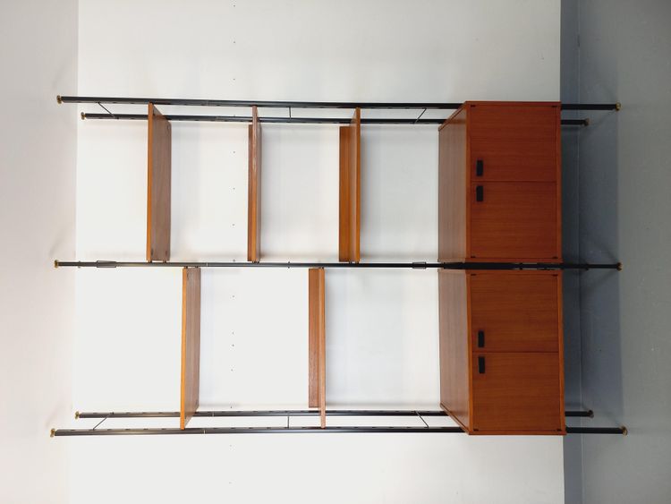 Vintage Italian double modular teak and metal bookcase