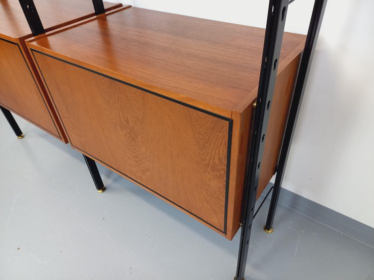 Vintage Italian double modular teak and metal bookcase