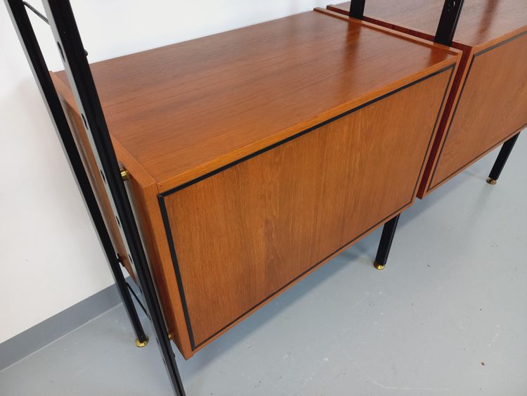 Vintage Italian double modular teak and metal bookcase