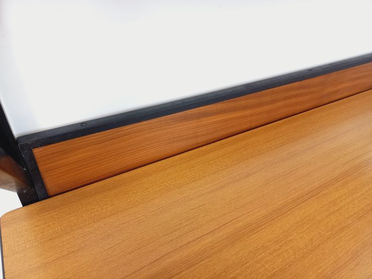Modernist Italian desk with modular teak and metal String shelving unit.