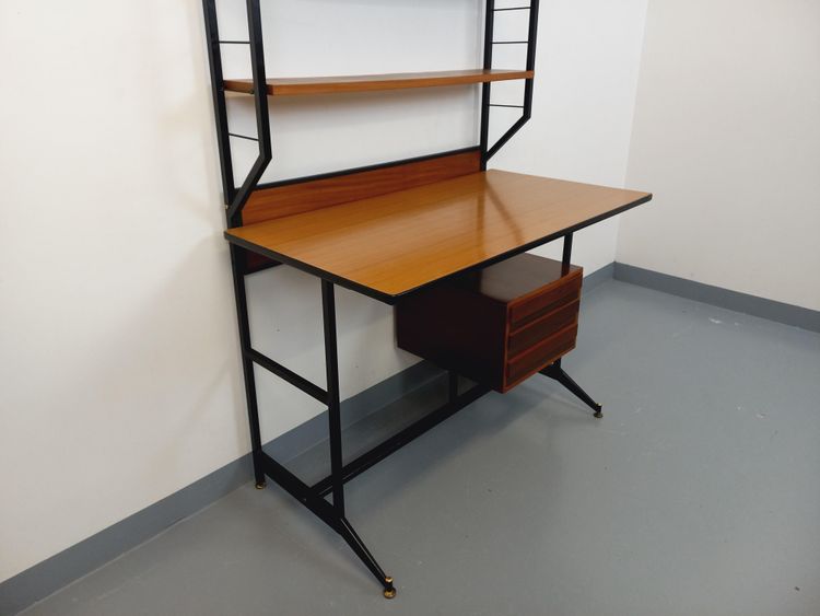Modernist Italian desk with modular teak and metal String shelving unit.