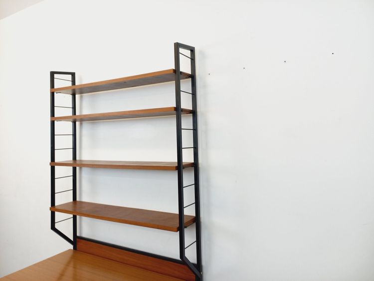 Modernist Italian desk with modular teak and metal String shelving unit.