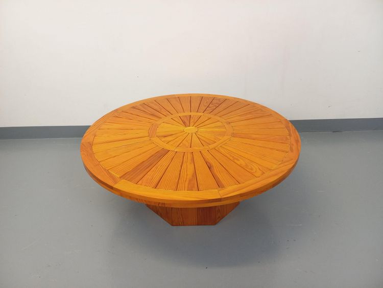 Vintage round pine coffee table from the 1970s