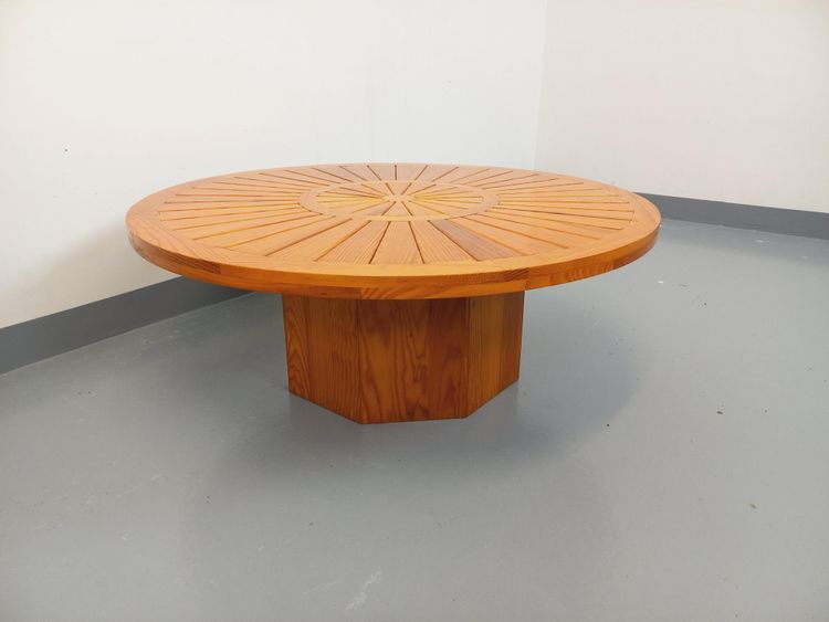Vintage round pine coffee table from the 1970s