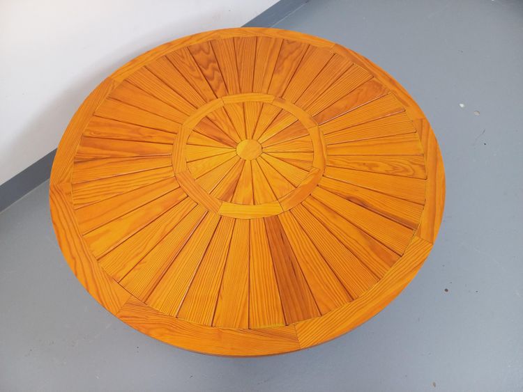 Vintage round pine coffee table from the 1970s