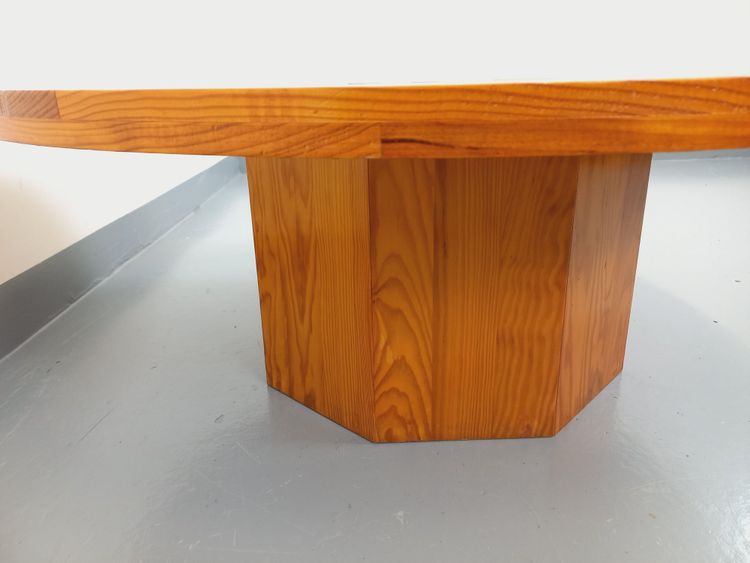 Vintage round pine coffee table from the 1970s