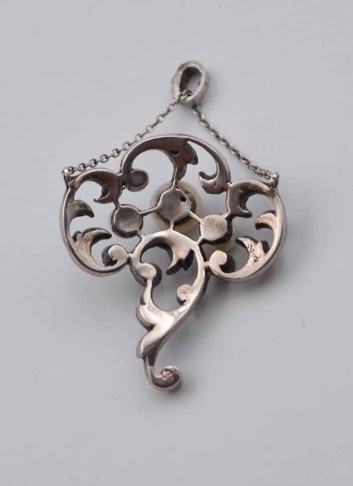 Ancien pendentif Belle Époque 1900 argent perles et strass 