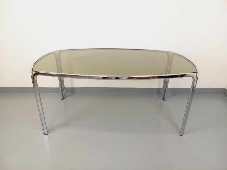 Vintage curved rectangular dining table in smoked glass and chrome-plated metal