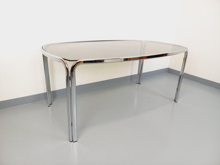 Vintage curved rectangular dining table in smoked glass and chrome-plated metal
