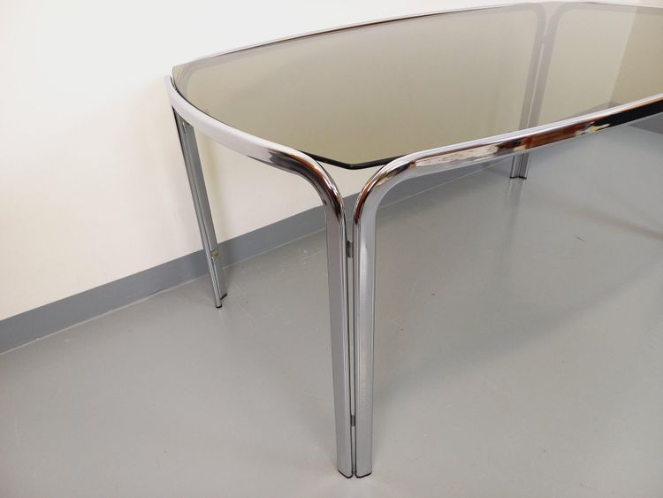 Vintage curved rectangular dining table in smoked glass and chrome-plated metal