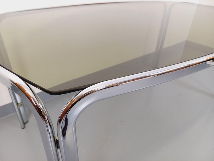 Vintage curved rectangular dining table in smoked glass and chrome-plated metal