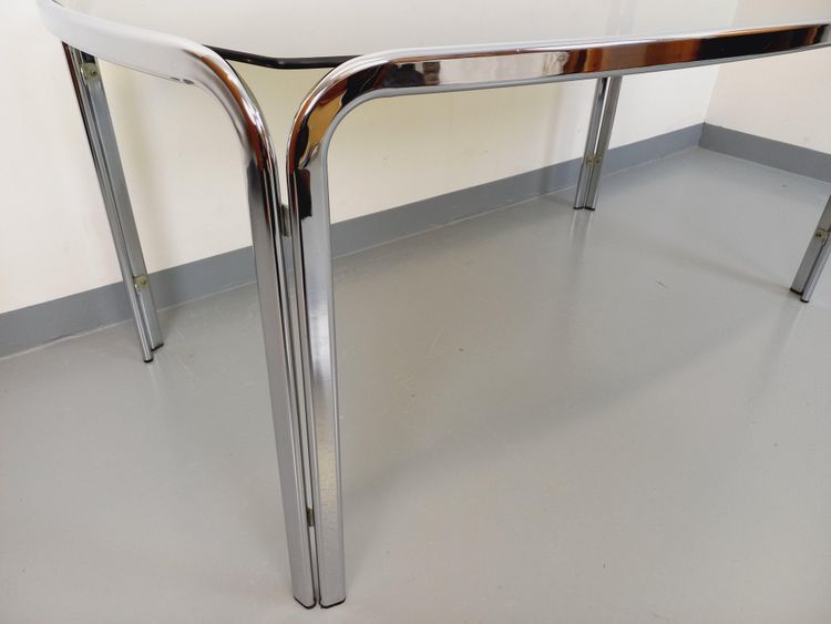 Vintage curved rectangular dining table in smoked glass and chrome-plated metal