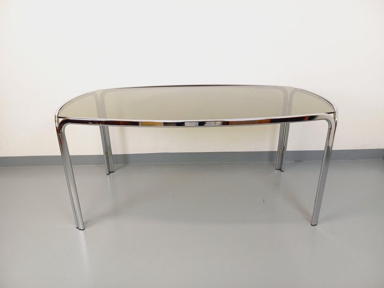 Vintage curved rectangular dining table in smoked glass and chrome-plated metal