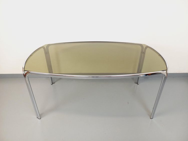 Vintage curved rectangular dining table in smoked glass and chrome-plated metal
