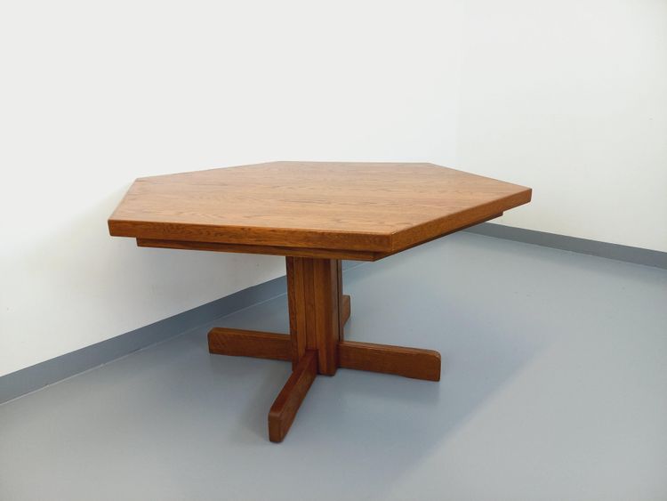 Vintage hexagonal dining table from the 1980s in oak wood
