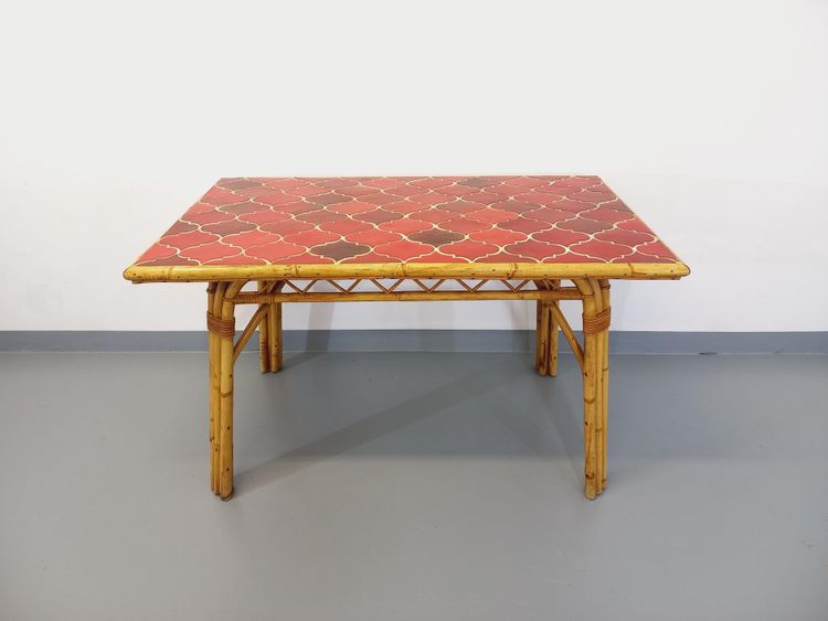 Vintage Audoux Minet dining table in rattan and Vallauris ceramic