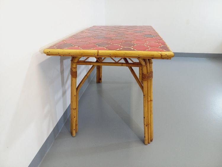 Vintage Audoux Minet dining table in rattan and Vallauris ceramic