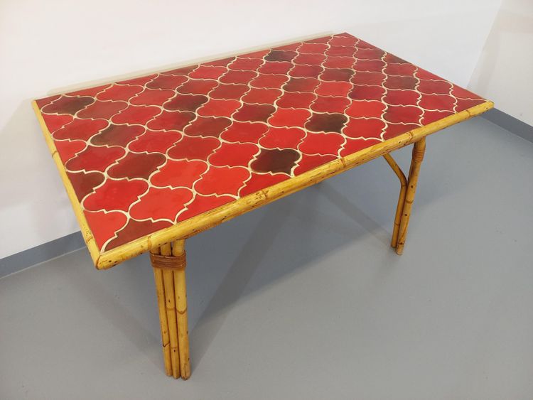 Vintage Audoux Minet dining table in rattan and Vallauris ceramic