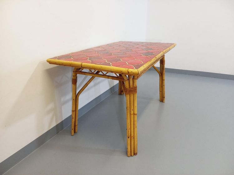 Vintage Audoux Minet dining table in rattan and Vallauris ceramic